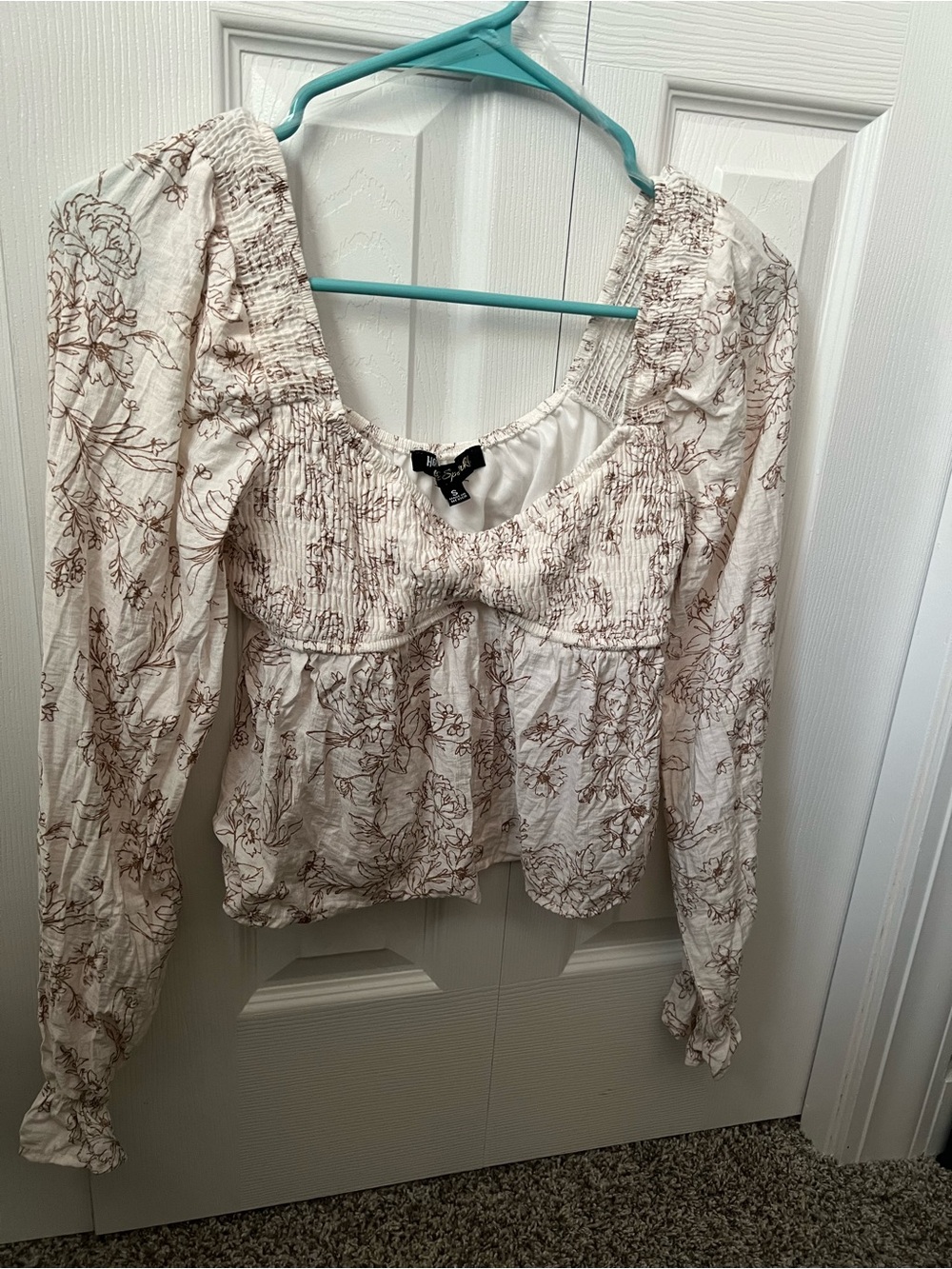 Honey & Sparkle Boho Floral Smocked Long-Sleeve Top - Cream with Brown Print